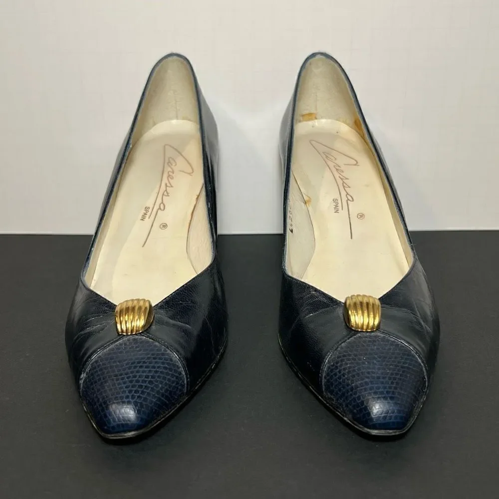 Womens CARESSA Navy Blue Cap Toe Embellished Pump Heels / Size 7.5 Medium